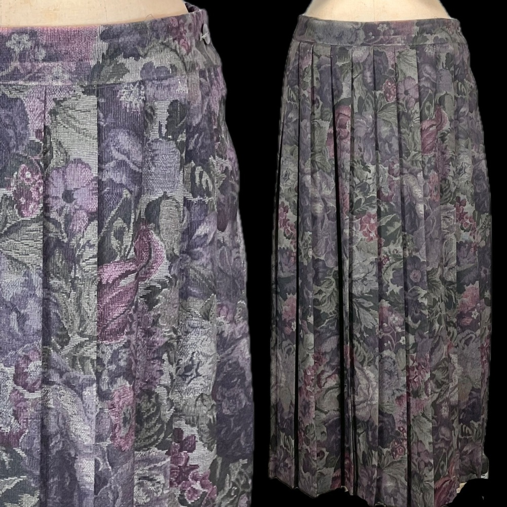 VINTAGE 90s moody dark Victorian floral skirt pleated long maxi wool blend